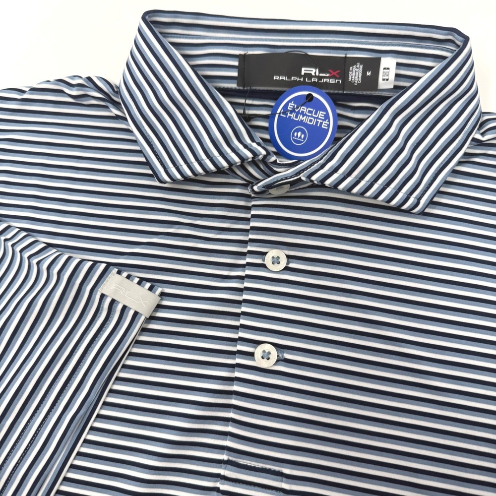 RLX Ralph Lauren Mens Blue Striped Performance Golf Polo Shirt‎ Medium NEW